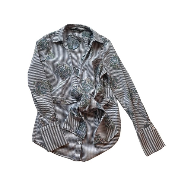 ZARA Woman Striped Floral Wrap Tie Shirt Blue White size Medium Casual button up - Picture 9 of 11